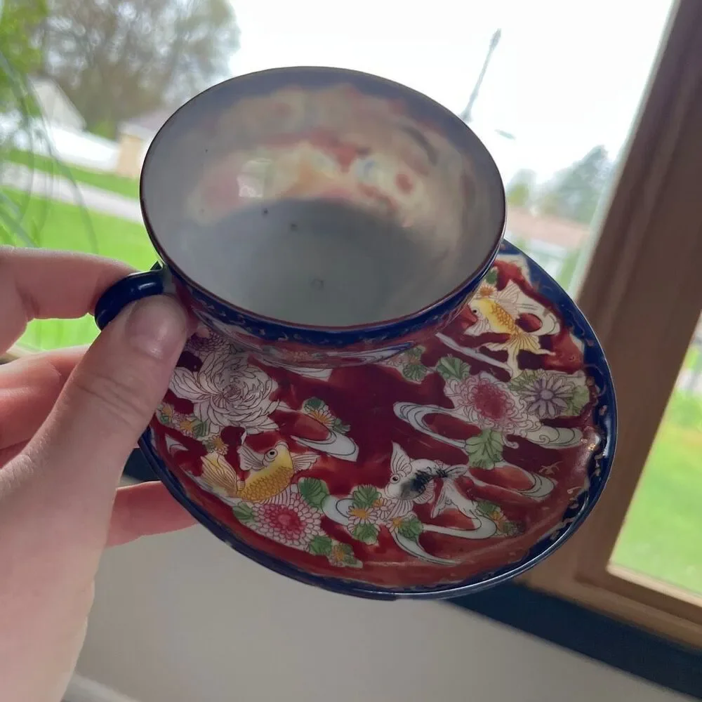 VTG Japanese Koi Fish Teacup & Saucer Set Red Floral Cobalt Rim Porcelain